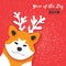 2018 Happy Chinese New Year Greeting Card. Chinese year of the Dog. Paper cut Akita Inu doggy with horns. Snow