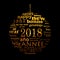 2018 new year multilingual text word cloud greeting card in the shape of a golden christmas ball on black