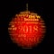 2018 new year multilingual text word cloud greeting card in the shape of a red and golden christmas ball on black