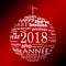 2018 new year multilingual text word cloud greeting card in the shape of a white christmas ball on red