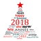 2018 new year multilingual word cloud greeting card in the shape of a christmas tree