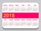 2018 pocket calendar. Template calendar grid. Horizontal orientation. Week starts on Monday. White background