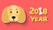 2018 year. The year of the yellow earth dog. The dog looks at the bone. Isolated on white background. White bone. The falling shad
