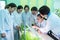 2019-09-01, Kazakhstan, Kostanay. Hydroponics. Schoolgirls and a teacher in white coats in a biology or botany class. School