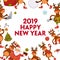 2019 cartoon Santa and deer poster or greeting card design template for Christmas and New Year.