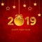 2019 gold numbers with christmas ball with ribbon, bow, hanging stars on the red background with snowflakes and falling snow.
