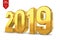 2019 Golden Numbers isolated on white background. 3D isometric new year sign for greeting card or poster. Happy New Year 2019. Vec