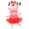 2019 Happy New Year card design. Symbol of the Chinese calendar cute pig greets with love. Dancing piglet in a ballet