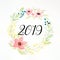 2019 happy new year on colorful watercolor flower wreath on whit