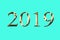 2019 Happy New Year Dark greenish blue Background. Gold text design. Dark greeting illustration with golden number