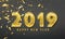 2019 Happy New Year vector background with golden confetti, tinsel elements, shine glitter numbers. Christmas celebrate