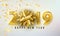 2019 Happy New Year vector background with golden gift bow, confetti, shiny glitter gold numbers. Christmas celebrate