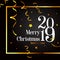 2019. Merry Christmas vector card, on a black background. Golden style.
