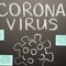 2019-ncov coronavirus, a blackboard and a drawing of a dangerous virus, and a lot of stickers.Concept warning, epidemic and