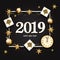 2019 New Year Background with clock, gift box, candy cane decorated, gold stars and bubbles on black. Vector illustration