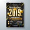 2019 New Year Party Celebration Poster Template Illustration with Lights Bulb Number and Gold Christmas Ball on Black