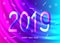 2019 New Year purple neon wavy background.