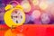 2019 New year,Retro yellow alarm clock with Nine Five Minutes Old Style with bokeh background