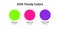 2019 trendy colors illustation - ufo green, proton purple, plastic pink. Vector circles with bright popular 2019 color samples for