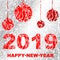 2019 year with Christmas tree balls on a background of frosty silver patterns