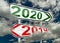 2020 2019 change road sign red and green, numbers, - 3d rendering