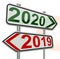 2020 2019 change road sign red and green, numbers, - 3d rendering