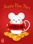 2020 Chinese new year design cute cartoon rat mouse holding scroll reel spring couplet and golden ingot. Chinese Translation : New