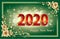 2020 Happy New Year banner with green glowing background in frame with floral ornament. Vector illustration