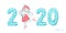 2020 Happy New Year banner with hand painted turquoise patterned numbers and cute dancing mouse, rat in a blue costume illustratio