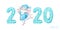 2020 Happy New Year banner with hand painted turquoise patterned numbers and cute dancing mouse, rat illustration on white backgro