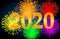 2020 happy new year on dark background with multicolored firework . illustration design