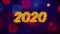 2020 Happy new year greeting text sparkle particles on colored fireworks