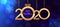 2020 Happy New Year hanging golden shiny numbers with ribbon bows on abstract blue background with lights and bokeh effect.