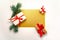 2020 Happy New Year, Merry Christmas decorations flatlay. Gift boxes, ribbon, spruce branch top view. Boxing Day banner