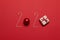 2020 inscription from various decorated objects classic red glass baubles ball, candy cane on a red background