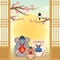 2020 Korean New Year Seolla - cartoon mouse family with sunrise,