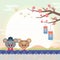 2020 Korean New Year Seollal - cartoon rat wearing hanbok with sunrise