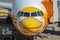 2020 March 04. Chiba JAPAN. head part of Parking Thai NOKSCOOT Airline airplane boeing 777 for preparing to departure at Narita in