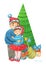 2020 New Year, Christmas watercolor illustration of a young merry couple in red snowflake patterned hats under the Christmas tree.