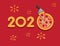2020 new year greeting inscriptions in typhography with pizza ornament. in red background. flat illustration vector