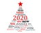 2020, new year multilingual text word cloud greeting card in the shape of a christmas tree