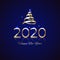 2020 New Year. Shiny golden 2020 ribbon on blue background. New Year design for invitation, greeting card, calendar. Gold logo