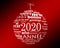 2020 new year white and red multilingual text word cloud greeting card in shape of a christmas ball