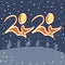 2020 number and rats on a winter snowy background with abstract christmas trees. The contours of the mice. Vector