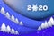 2020 Paper New Year sign on winter blue holiday layered landscape background. Snowy forest. Merry Christmas. SnowFlake.