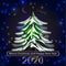 2020.Square holiday banner with tree,Santa,moon illustration.Christmas tree and glass balls. Beautiful fluffy fir tree under snow