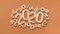 2020 year rounded by disordered wooden numbers and letters