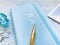 2021 Aqua Diary, gold Pen, Christmas Card, Aqua Blue Hairpin, Golden Jewelry, on blue Background