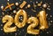 2021 balloon gold text on black background with golden confetti, Christmas gift boxes, gold balls, festive decor. Happy New year