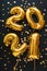 2021 balloon gold text on black background with golden confetti, festive decor. Happy New year eve invitation with Christmas gold